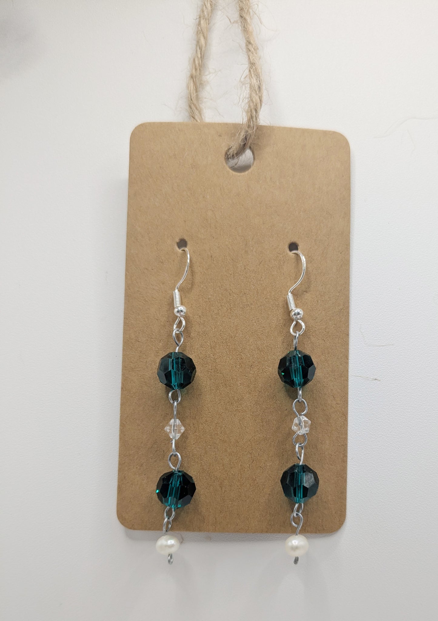 Teal Glass and Pearl dangle earrings