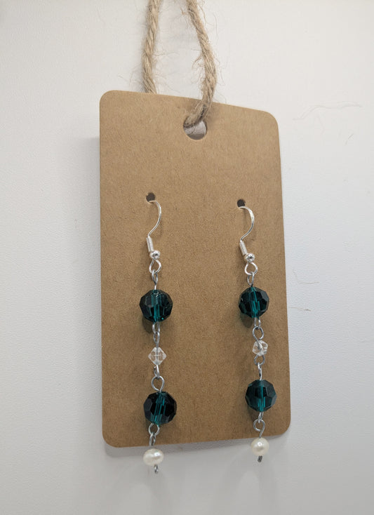 Teal Glass and Pearl dangle earrings