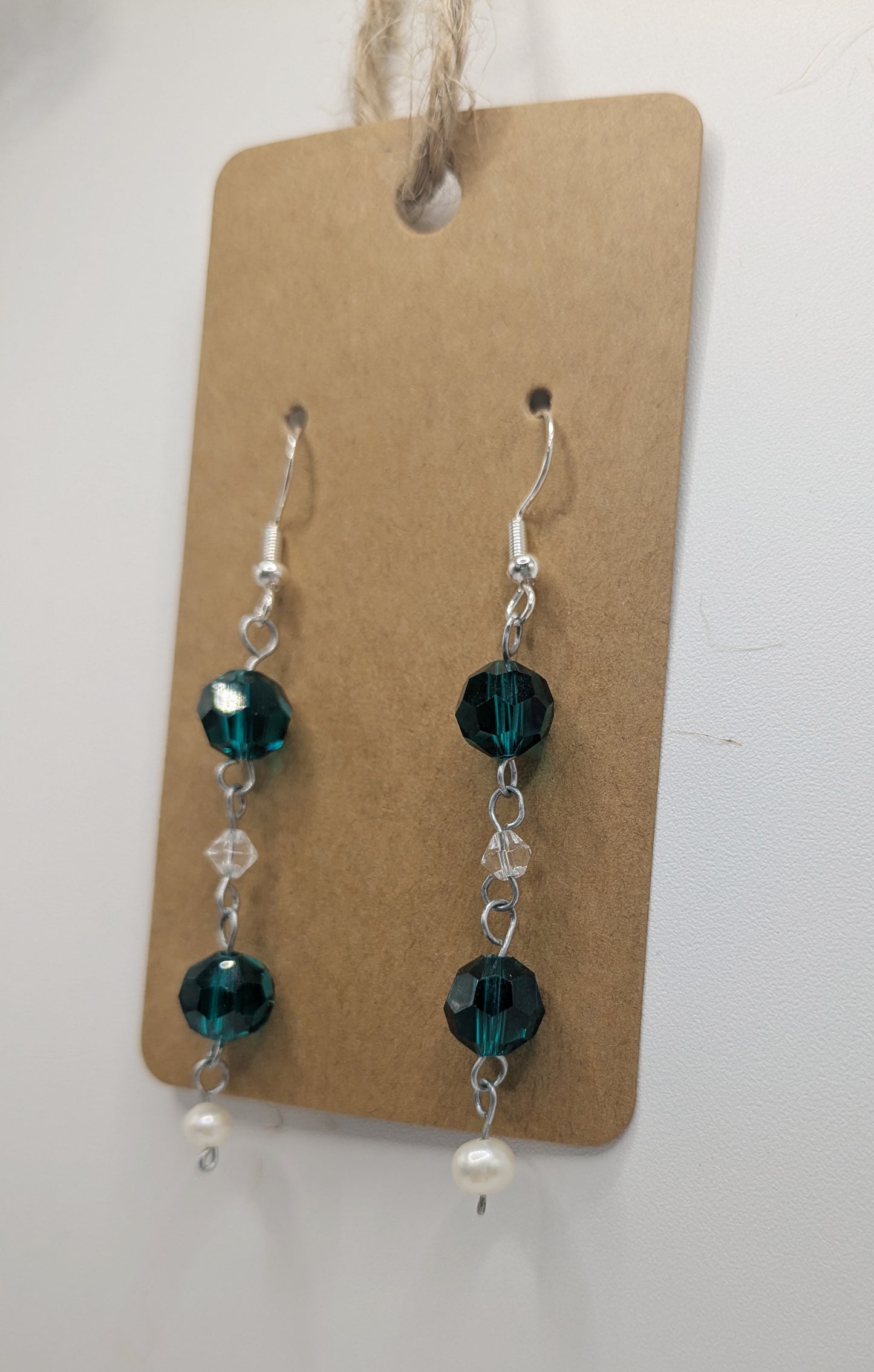 Teal Glass and Pearl dangle earrings