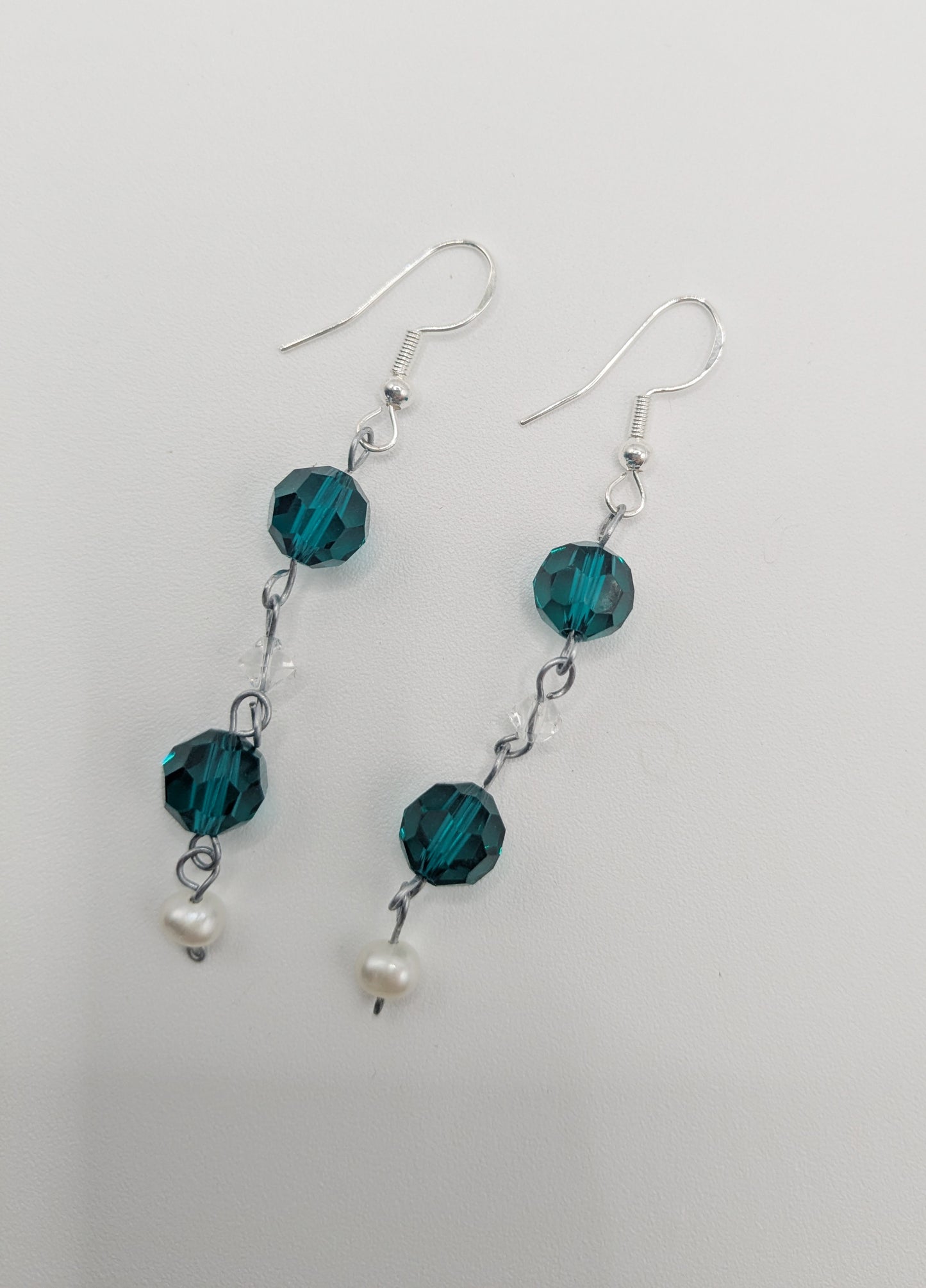 Teal Glass and Pearl dangle earrings