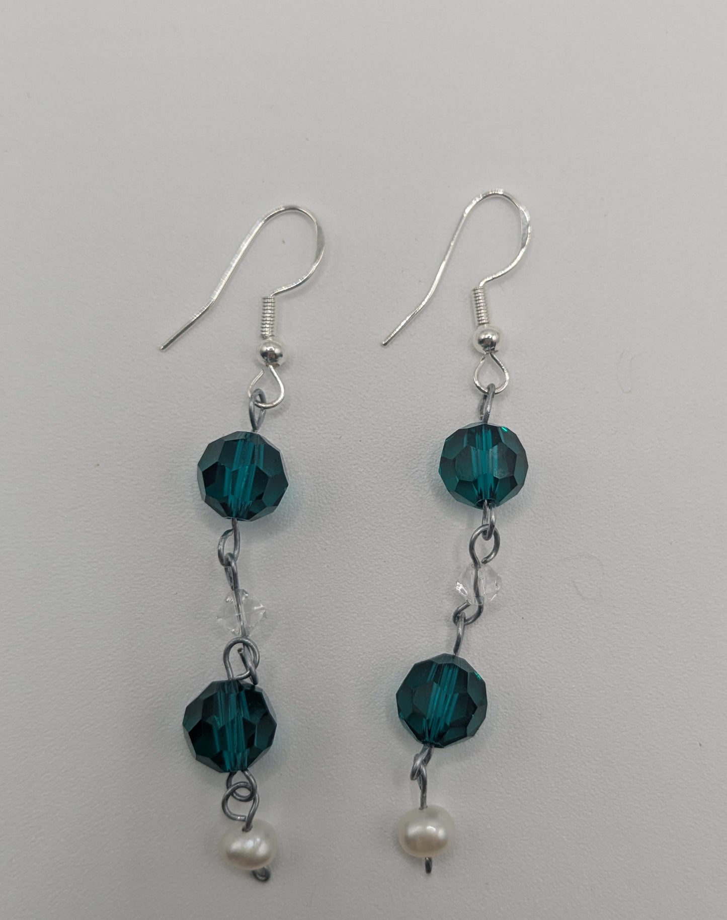 Teal Glass and Pearl dangle earrings