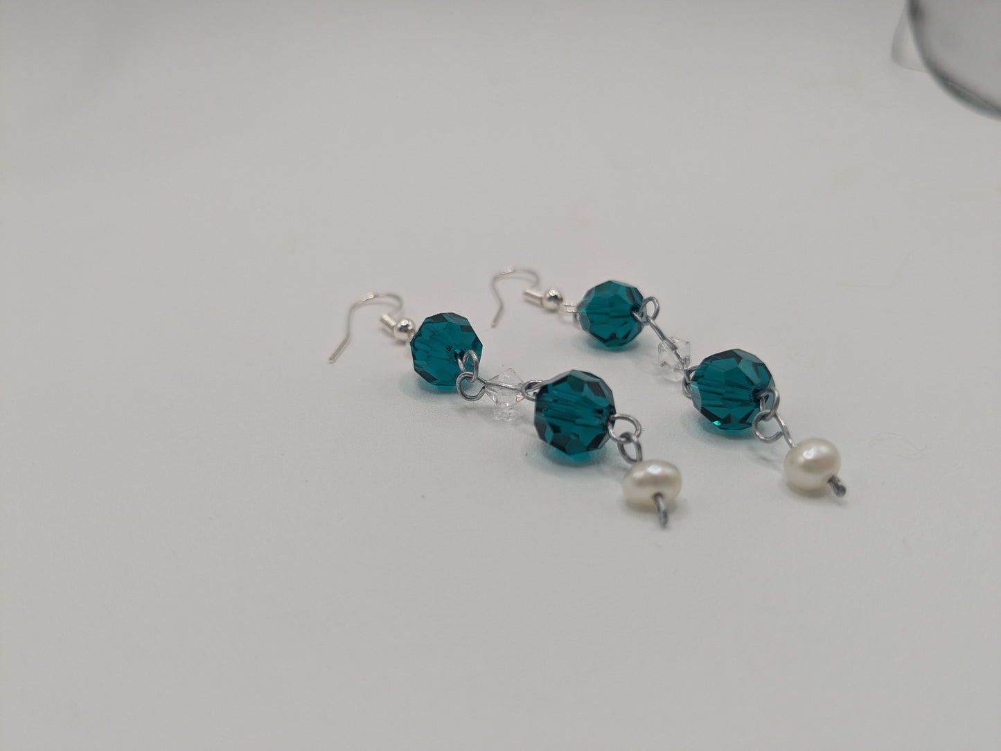 Teal Glass and Pearl dangle earrings