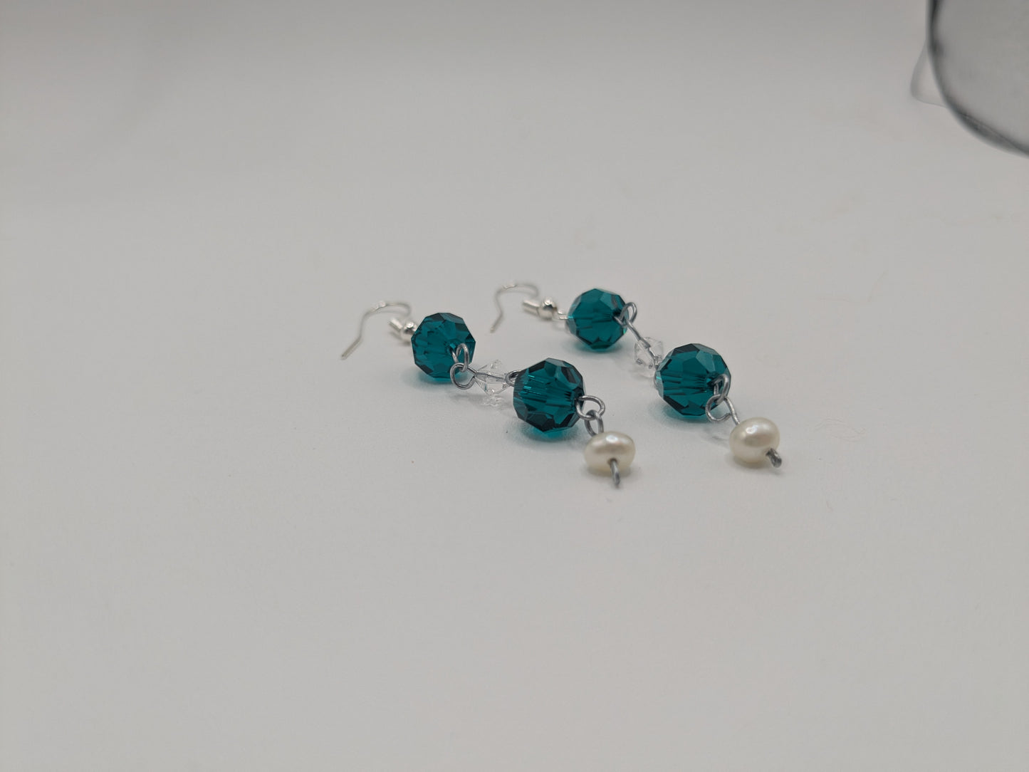Teal Glass and Pearl dangle earrings