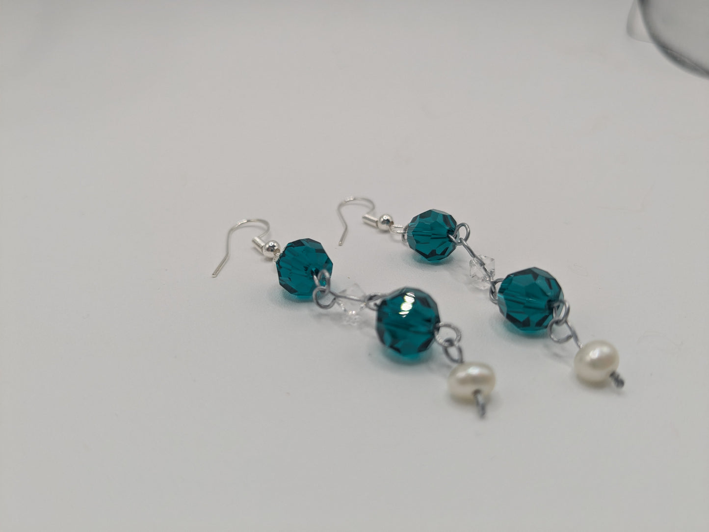 Teal Glass and Pearl dangle earrings